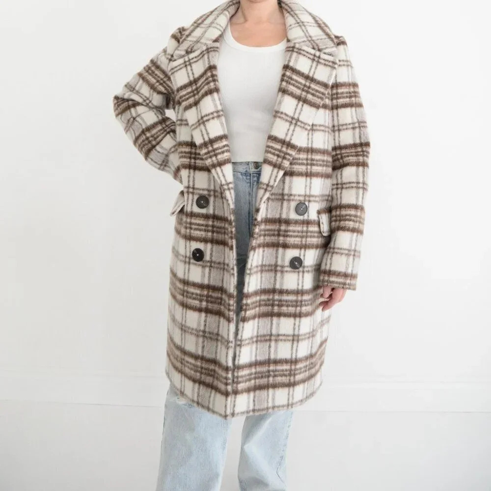 Ever New Melbourne Mellisa Check Brown & Cream Double Breasted Wool Coat 10